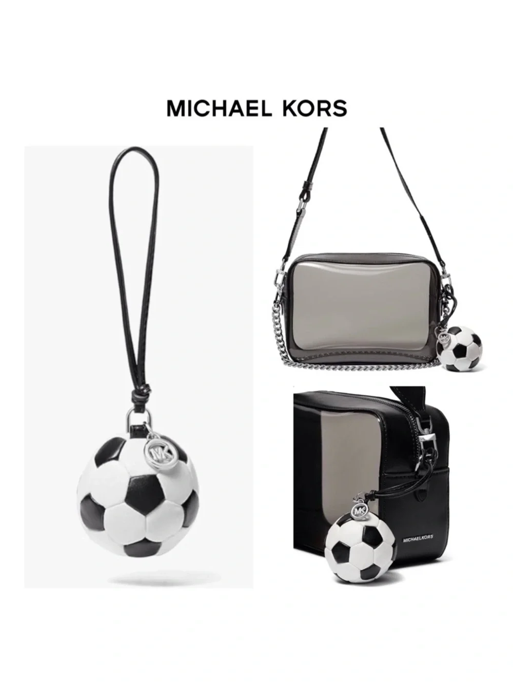 NWT MICHAEL KORS SOCCER BALL Silver-Tone Faux Leather & Nappa Leather Bag Charm